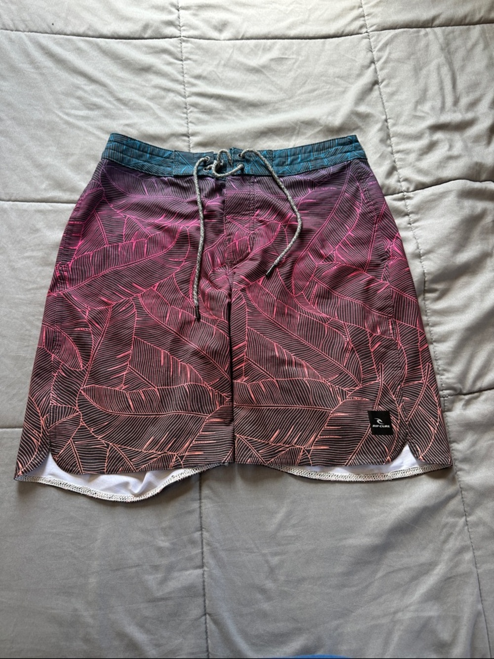 Rip Curl Pink Gradient Leaf-Print Swim Shorts with Teal Waistband